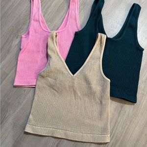 Ribbed Reversible V-Neck/U-neck Tank Top - Pink, Green, and Tan